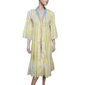 W for Women Yellow & Blue Printed Nilaya Suit Coat Sz 10 V Neckline 100% Cotton